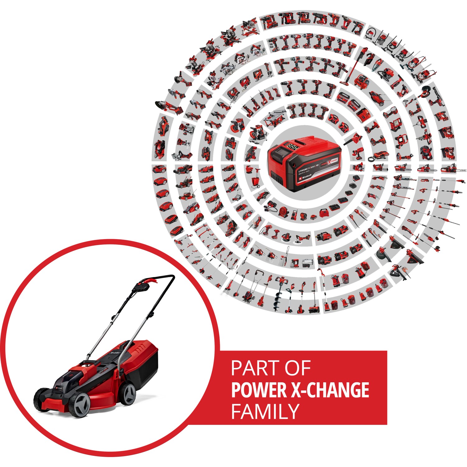 Tagliaerba a batteria Einhell GE-CM 18/30 Li con batteria e caricabatterie, parte della famiglia Power X-Change.