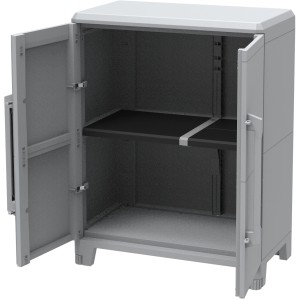 Mobile da balcone t.b.t. grigio con ante aperte e ripiano nero.