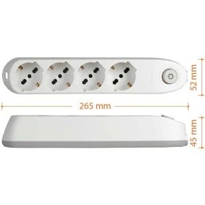 Multipresa bianca t.b.t. con 4 prese e interruttore, dimensioni: 265x52x45mm.