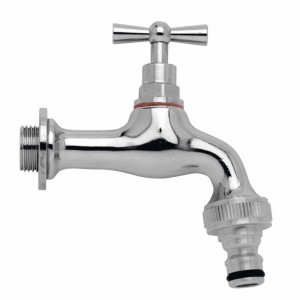 Rubinetto cromato per fontane da giardino, vista laterale.