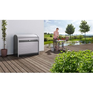 Biohort StoreMax 120 box da giardino in grigio scuro metallizzato con serranda e serratura a cilindro.