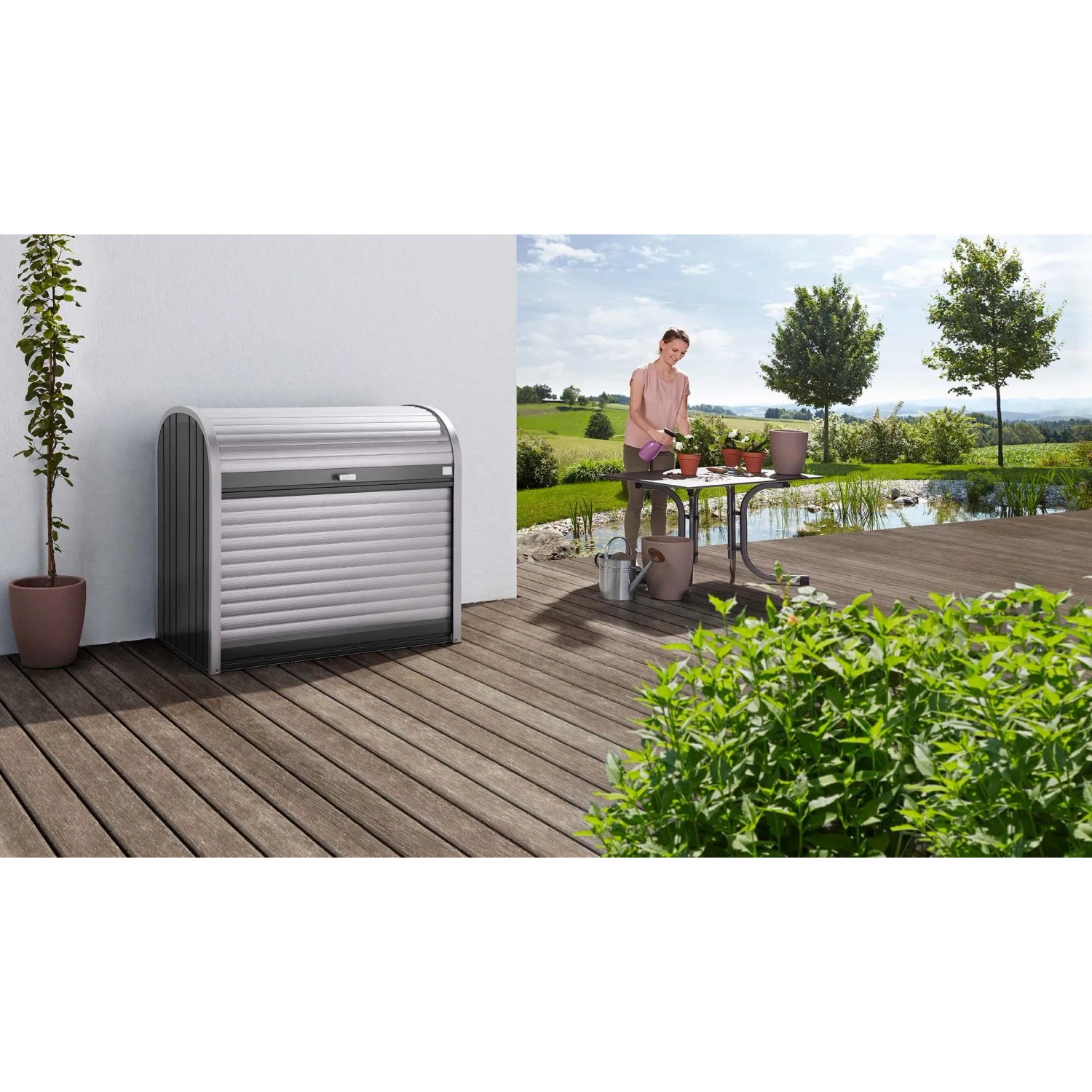 Biohort StoreMax 120 box da giardino in grigio scuro metallizzato con serranda e serratura a cilindro.