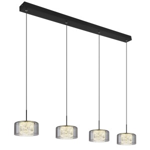 Moderna lampada a sospensione t.b.t. con quattro paralumi in vetro grigio per un'illuminazione elegante.