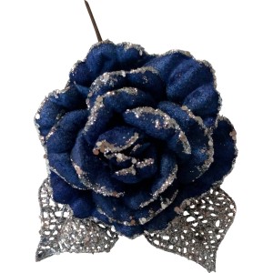 Rosa decorativa blu scuro con glitter argento per decorazioni natalizie festive.