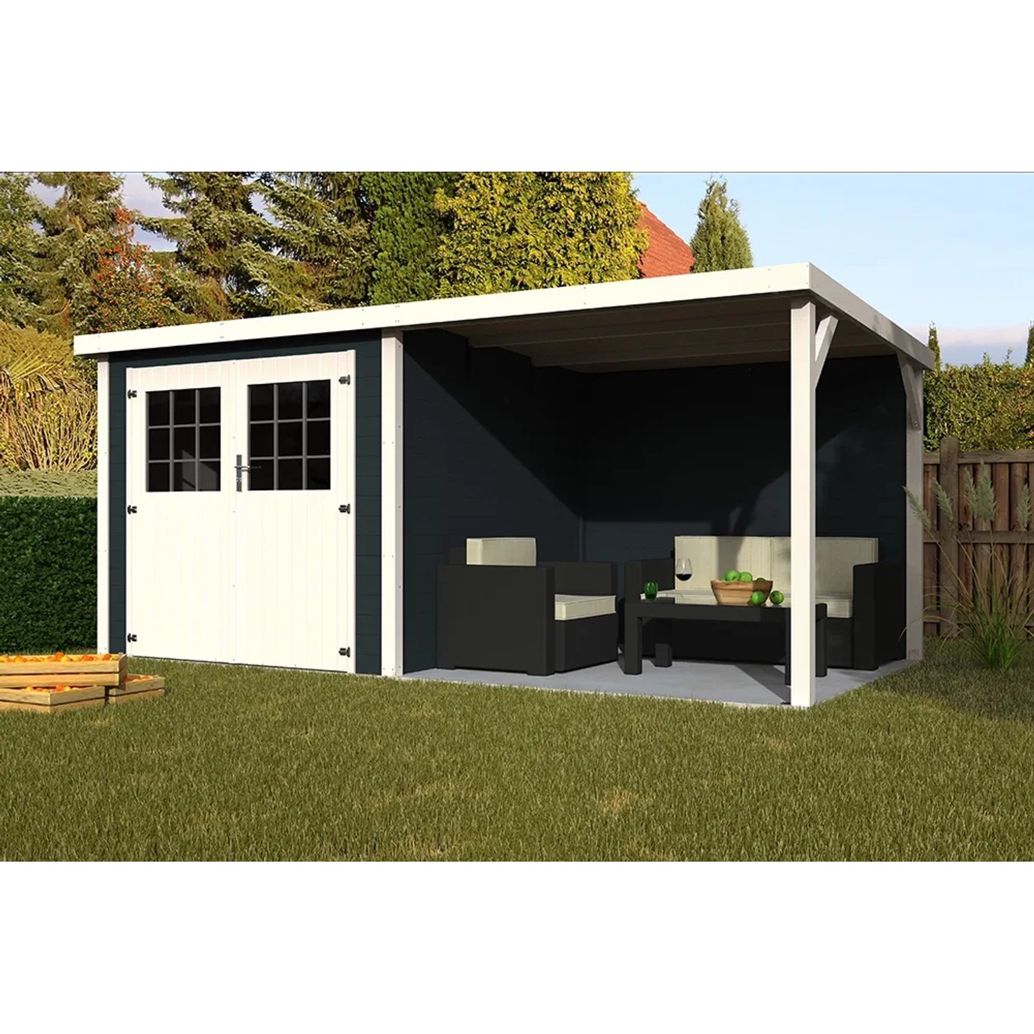 Casetta da giardino in legno Paradis di Decor et Jardin, 476x234 cm, con area salotto e rimessa attrezzi.