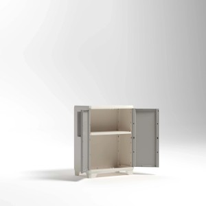 Mobile da balcone t.b.t. grigio con due ante aperte e due ripiani.