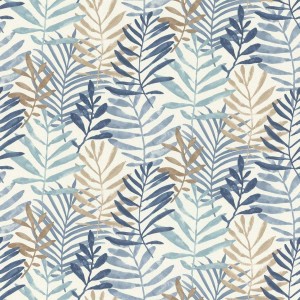 t.b.t. Carta da parati decorativa con motivo a foglie di palma blu e marroni.