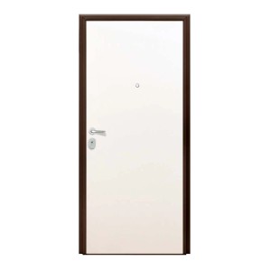 Porta blindata bianca con telaio marrone e maniglia argentata.