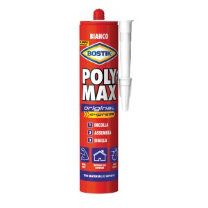 Bostik Poly Max Express adesivo e sigillante, cartuccia rossa e bianca con applicatore.