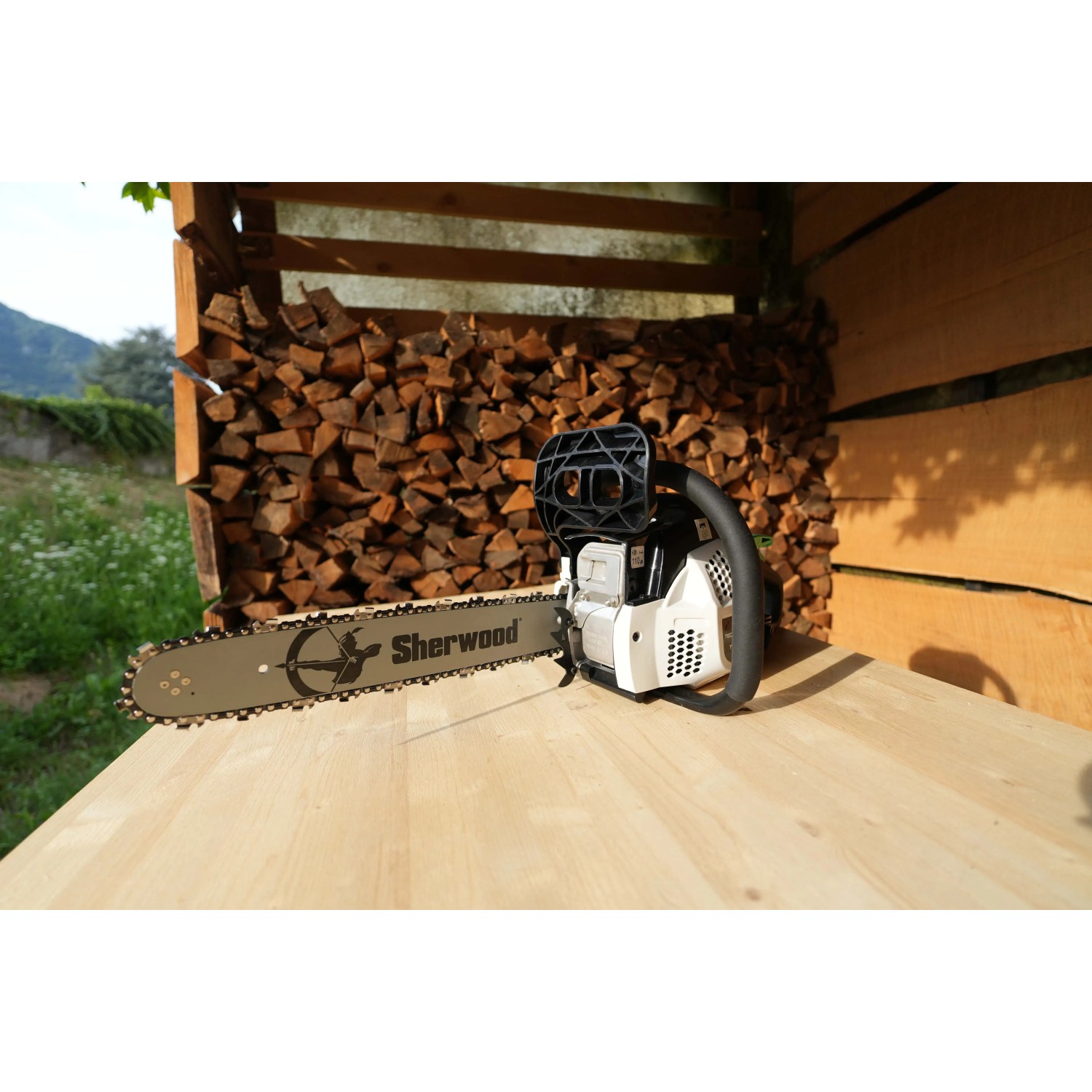 Motosega t.b.t. davanti a catasta di legna, marca Sherwood.