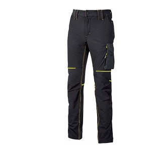 Pantaloni da lavoro neri t.b.t. con dettagli gialli e tasca laterale.
