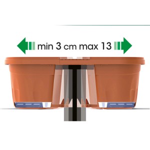 Dettaglio di un supporto per fioriera con indicazioni sulle dimensioni per la ringhiera del balcone.