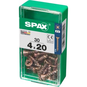 Viti per legno SPAX 4x20 mm, 30 pezzi in contenitore di plastica verde.