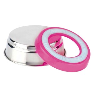 Ciotola per cani t.b.t. in acciaio inox con anello rosa.