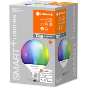Lampadina Ledvance Smart+ Wifi Globe RGBW E27, 14W, forma a globo chiara, cambio colore.