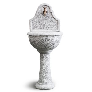 Fontana da giardino decorativa in pietra con rubinetto per uso esterno.