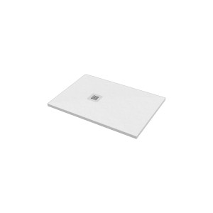 Piatto doccia rettangolare bianco con scarico quadrato al centro.