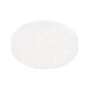 Plafoniera LED t.b.t. bianca e rotonda con effetto stellato.