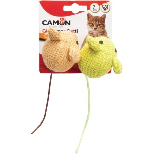 Giocattoli per gatti all'uncinetto a forma di topo, beige e verde, con coda.