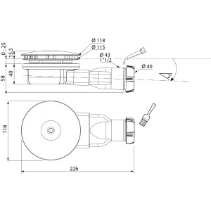 Disegno tecnico di un sifone doccia con dimensioni.