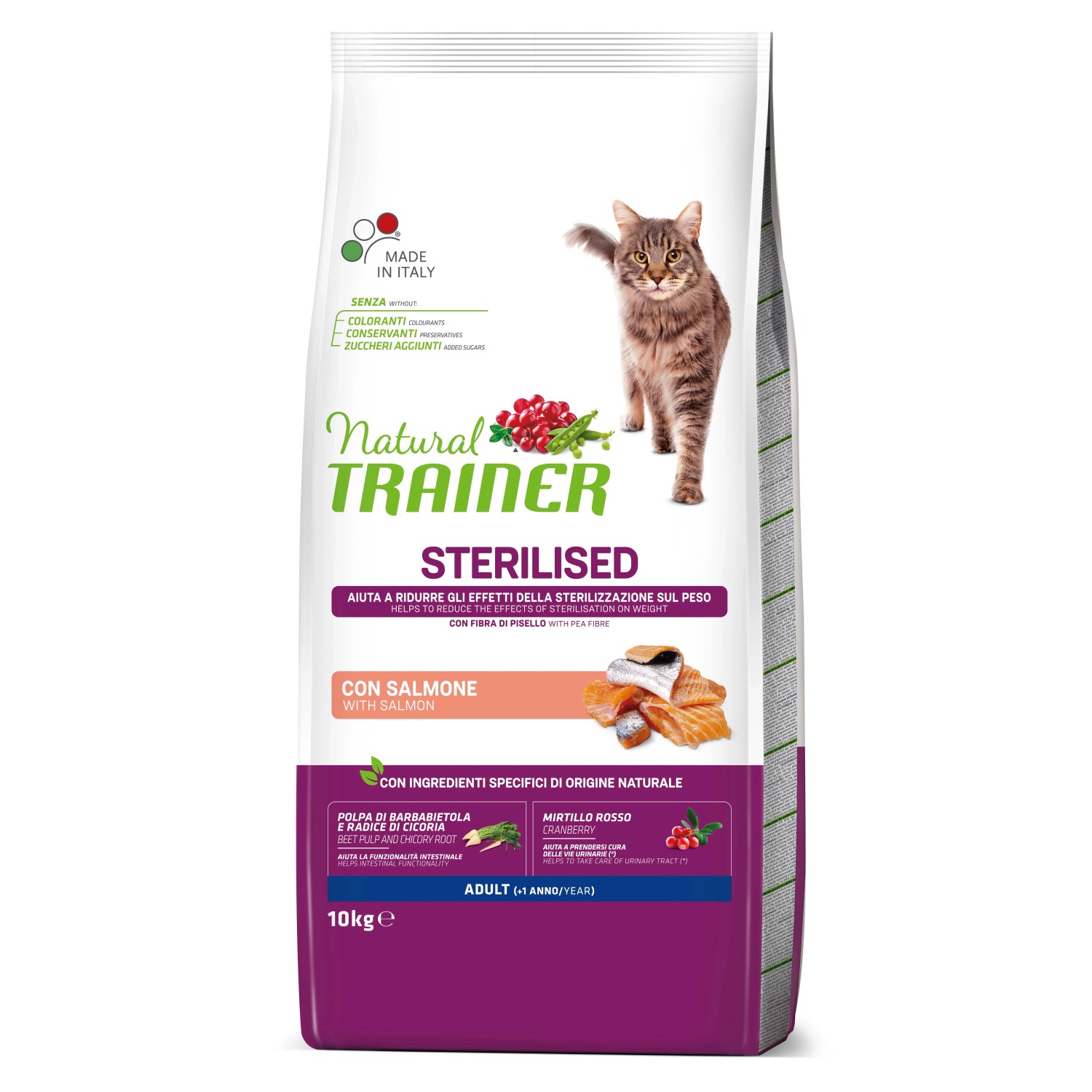 Natural Trainer Sterilised cibo secco per gatti con salmone, sacco da 10kg.
