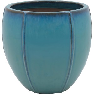 Vaso in terracotta blu con design scanalato per piante in giardino o in interni.