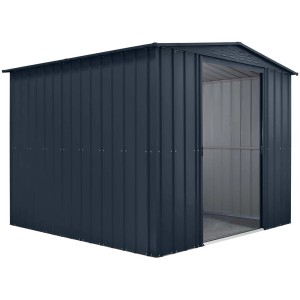 Casetta da giardino in metallo antracite con porta aperta. Ideale per riporre gli attrezzi da giardino.