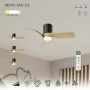 Ventilatore da soffitto Nemo Fan XS con effetto legno e telecomando.