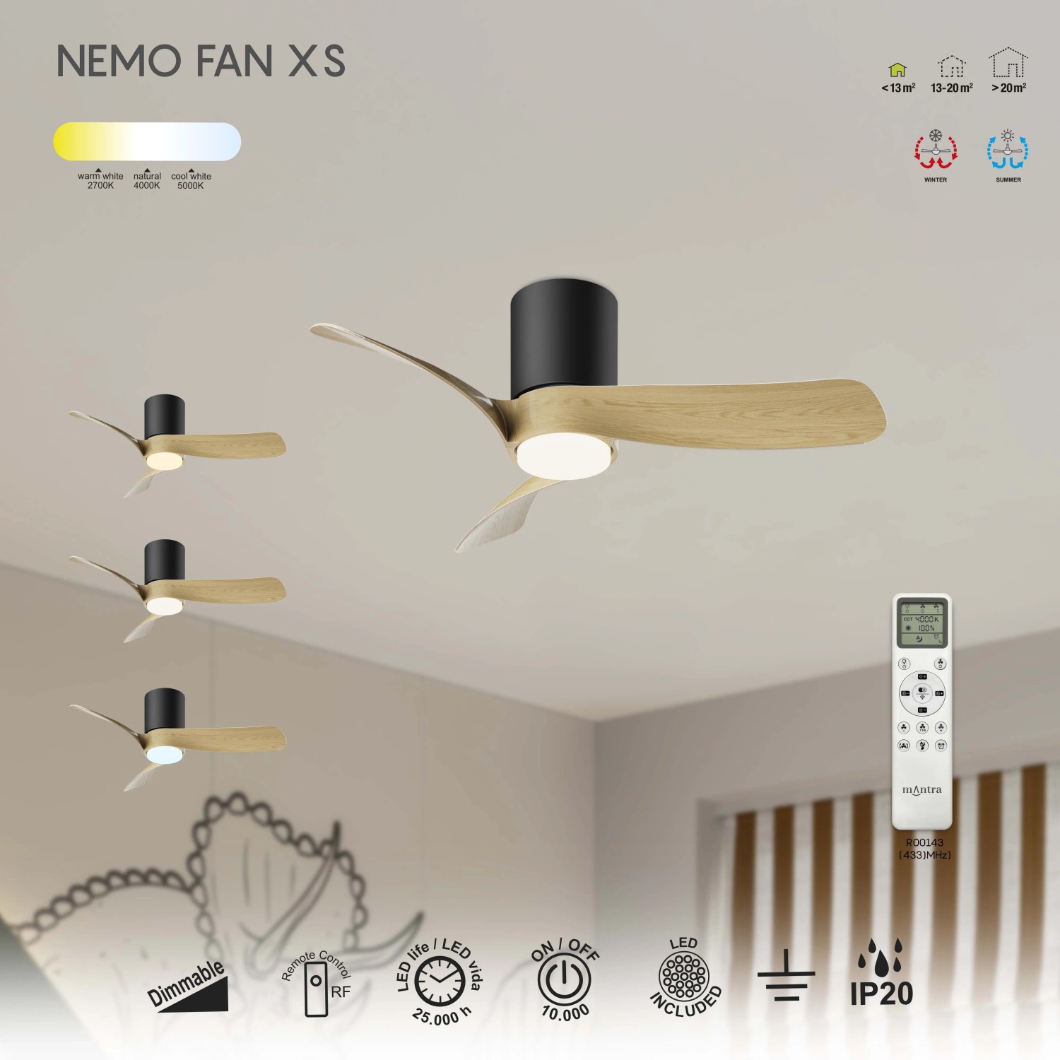 Ventilatore da soffitto Nemo Fan XS con effetto legno e telecomando.