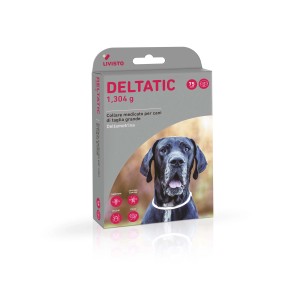 Confezione di Deltatic 1.304g, un antiparassitario per cani con un cane sulla confezione.
