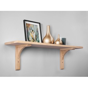 Mensola a muro con console in legno di rovere, 22x18 cm, con elementi decorativi su sfondo grigio.