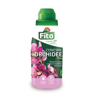 Fito Concime per Orchidee Plus, flacone da 4L con fiori di orchidea rosa.