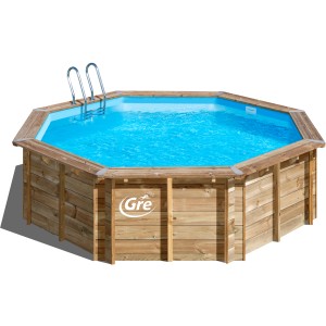 Piscina ottagonale in legno Gre Violette 2, Ø 500 x 127 cm, con scaletta e rivestimento in legno marrone.