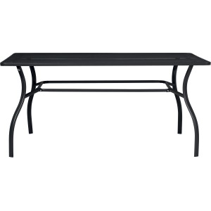 Tavolo da giardino nero con struttura in metallo e piano rettangolare.