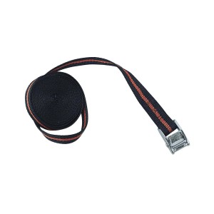 Cinghia di fissaggio nera con fibbia in metallo per il trasporto di carichi.