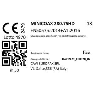 Etichetta cavo coassiale: MINICOAX 2X0.75HD, norme, produttore CAVI EUROPAK SRL.