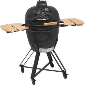 Barbecue a carbone nero Jamestown Marwin L con tavolini laterali e base con ruote.