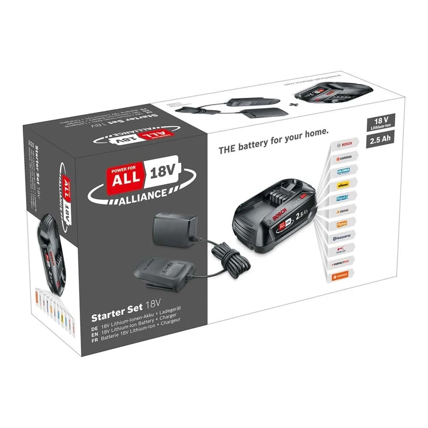 Set avviamento Bosch 18V/2,5Ah: batteria nera e caricabatterie in confezione bianca. Power For All Alliance per utensili.