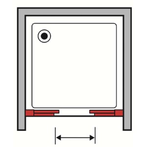 Schizzo di un box doccia (t.b.t.) con dettagli rossi e indicazione delle dimensioni.