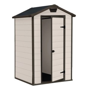 Casetta da giardino in plastica t.b.t. con porta aperta.