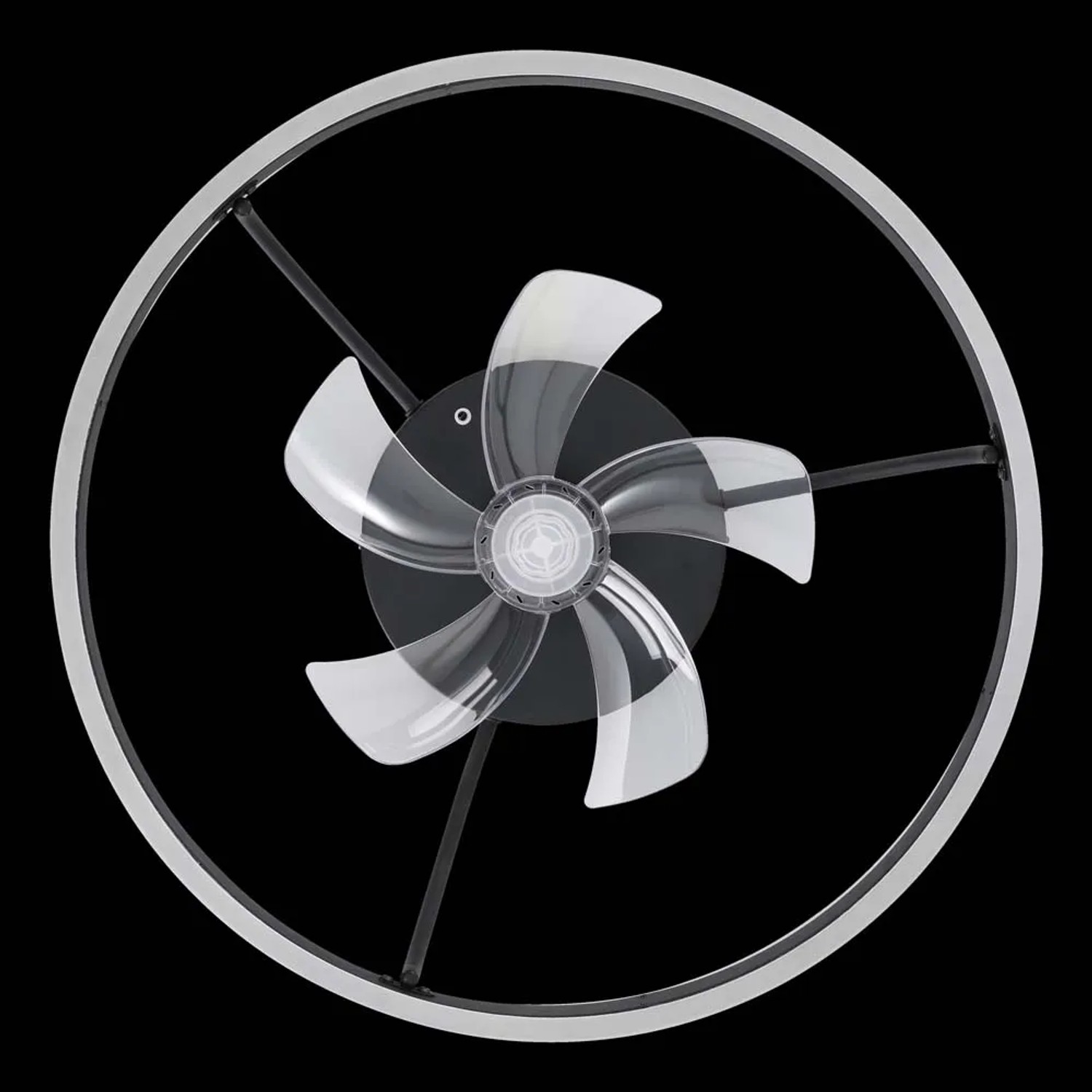 Plafoniere LED moderna t.b.t. con pale del ventilatore trasparenti e cornice argentata.