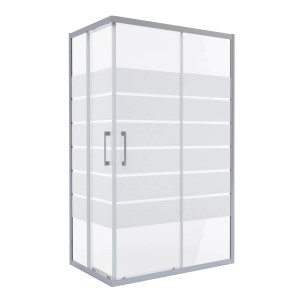 Box doccia angolare con porta scorrevole e strisce orizzontali.