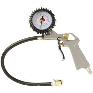 Gonfiatore per pneumatici con manometro per compressori, a forma di pistola, con tubo.