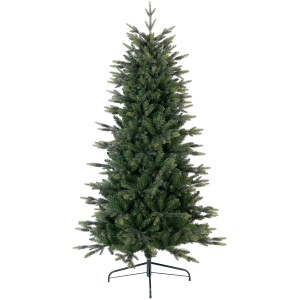 Albero di Natale artificiale verde e sottile con supporto in metallo.
