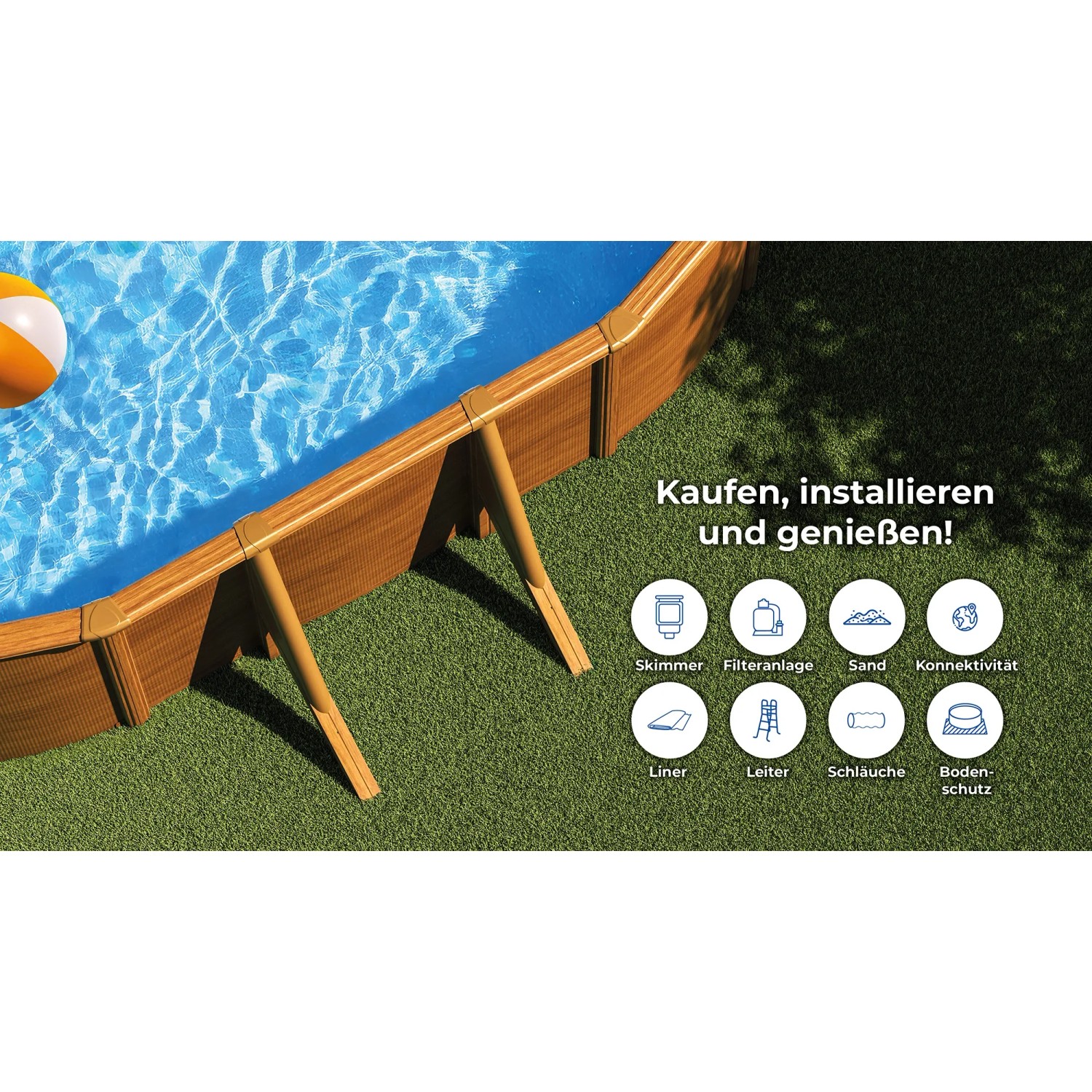 Piscina ovale Gre Mauritius effetto legno, kit completo con sistema di filtraggio e scaletta.