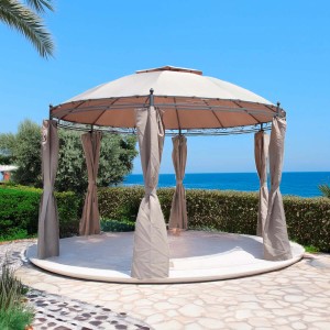 Gazebo Braga marrone Ø 350 cm con pannelli laterali in giardino con vista mare.