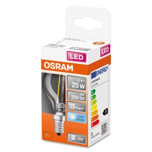 Lampadina LED Osram E14 a goccia, 2,5W, 250lm nella confezione. Luce compatta, bianca neutra.