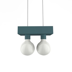 Lampada a sospensione moderna con due lampadine bianche rotonde e supporto color petrolio.