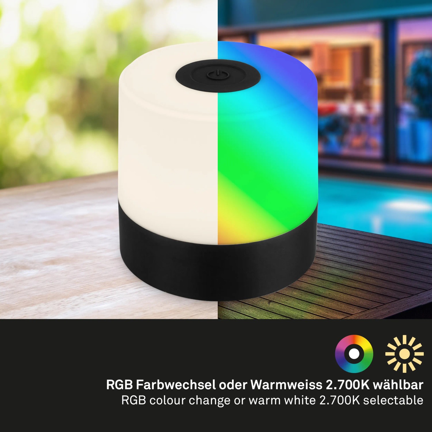 Lampada da tavolo a batteria Brilo Smal nera con RGB e luce bianca calda per illuminazione esterna d'atmosfera.