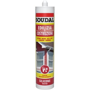 Silicone Soudal per edilizia, neutro, trasparente e resistente ai raggi UV.